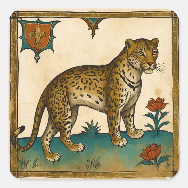 Mittelalterliche Kunst Leopard mit roten Blume Quadratischer Aufkleber (Vorderseite)