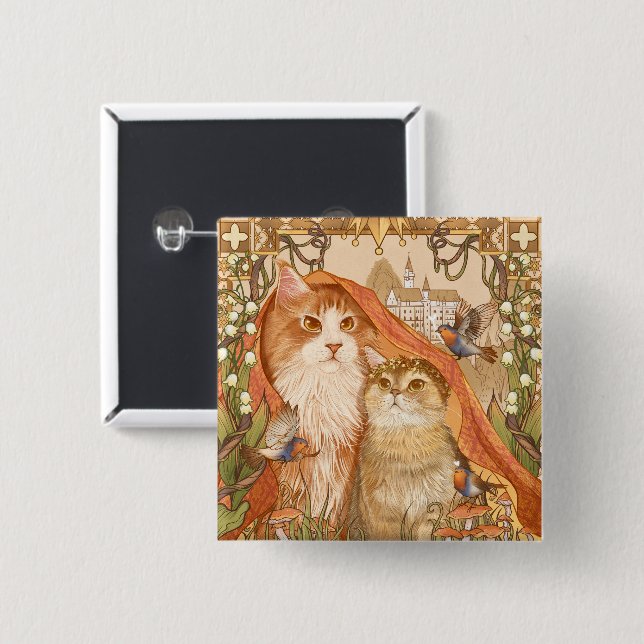 Mittelalterliche Märchenkatzen mit Vögeln und Blum Button (Vorne & Hinten)