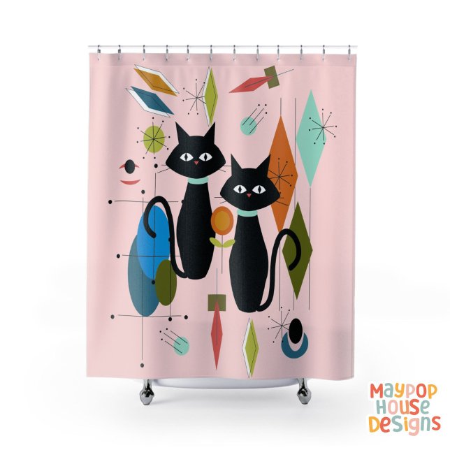 Mittelalterliche Mittelröhre Atomkatzenrosa Duschvorhang (atomic cat on pink shower curtain mid century modern bathroom decor)