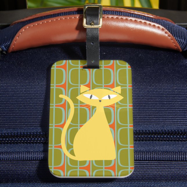 Mittelalterliche moderne Katze über geometrisches  Gepäckanhänger (Vorderseite Insitu 2)
