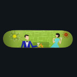 Mittelalterliche moderne Luppenkarte Skateboard<br><div class="desc">Dieses moderne Skateboard aus dem Mittelalter sieht aus wie eine Szene aus einer romantischen Komödie. Das minimalistische Design der 1960er Jahre besticht durch ein attraktives Cartoon-Paar, das einen romantischen Abend an der Zuhause genießt. Der elegante Raum ist mit einer grünen Steinmauer und einem Kamin ausgestattet. Die Ausstattung umfasst einen orangefarbenen...</div>