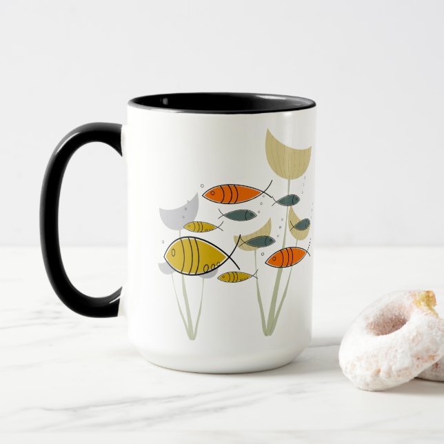 Mittelalterliche moderne MCM Retro-Pflanze Fische  Tasse (Mit Donut)