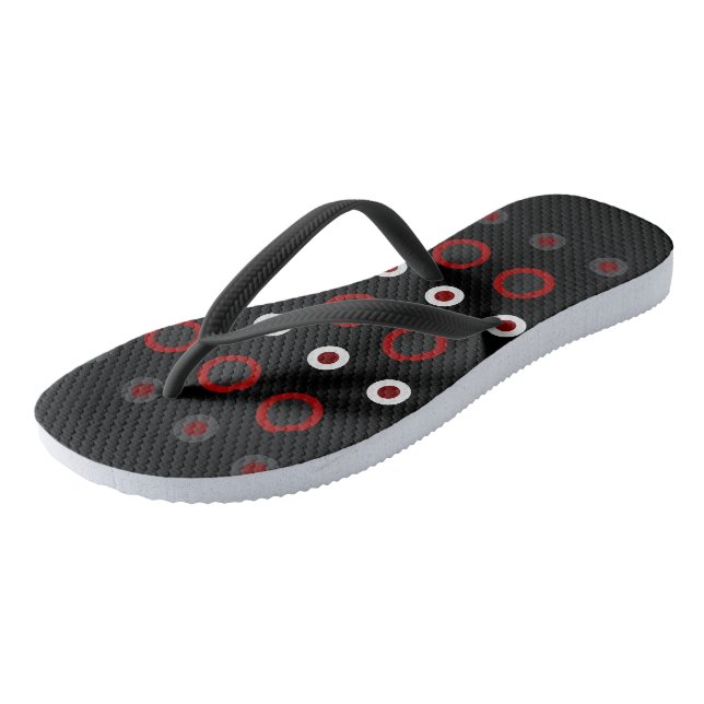 Mittelalterliche Moderne Rot, Schwarz und Grau Flip Flops (Schrägansicht)