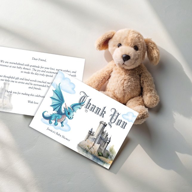Mittelalterliche niedlich-blaue Babytragon-Babydus Dankeskarte (Medieval cute blue baby dragon baby shower thank you cards fantasy dragon thank you cards)