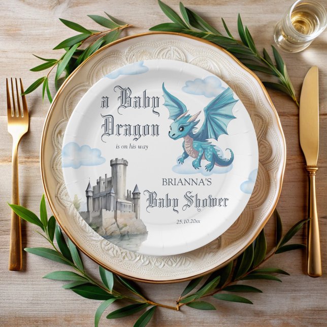Mittelalterliche niedlich-blaue Drachenbabydusche  Pappteller (Medieval cute blue baby dragon baby shower customized paper plates personalized table decor)