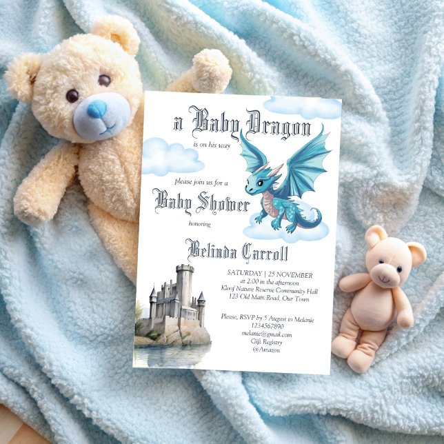 Mittelalterliche niedliche Baby Dragon Babydusche Einladung (Medieval cute baby dragon baby shower invitation template fantasy blue dragon baby shower invites)
