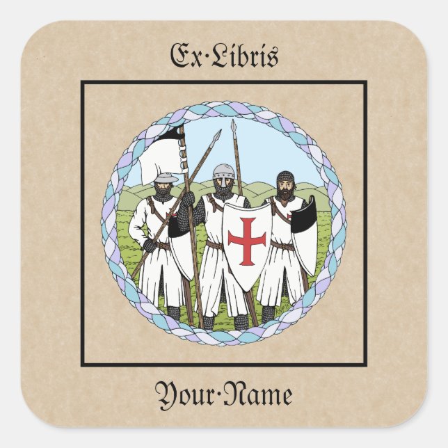 Mittelalterliche Ritter Templar Buchzeichen Quadratischer Aufkleber (Vorderseite)