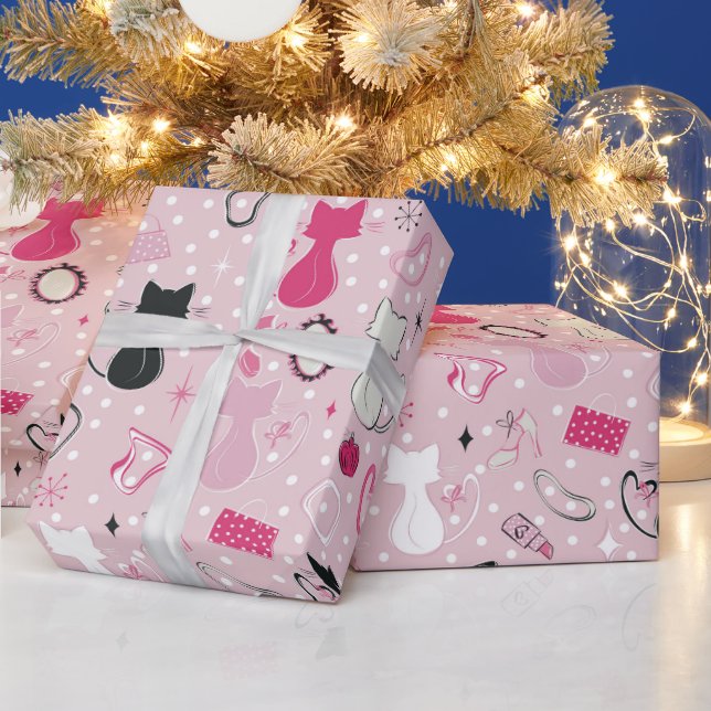 Mittelalterliche rosafarbene Herzkatzen Geschenkpapier (Feiertage)