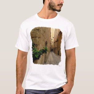 Mittelalterliche schmale Straße große Gebäude und  T-Shirt
