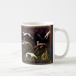 Mittelalterliche Windhund-Hunde im tiefen Holz Tasse