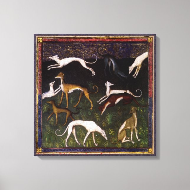 Mittelalterliche Windhunde im Wald Leinwanddruck (Vorderseite)