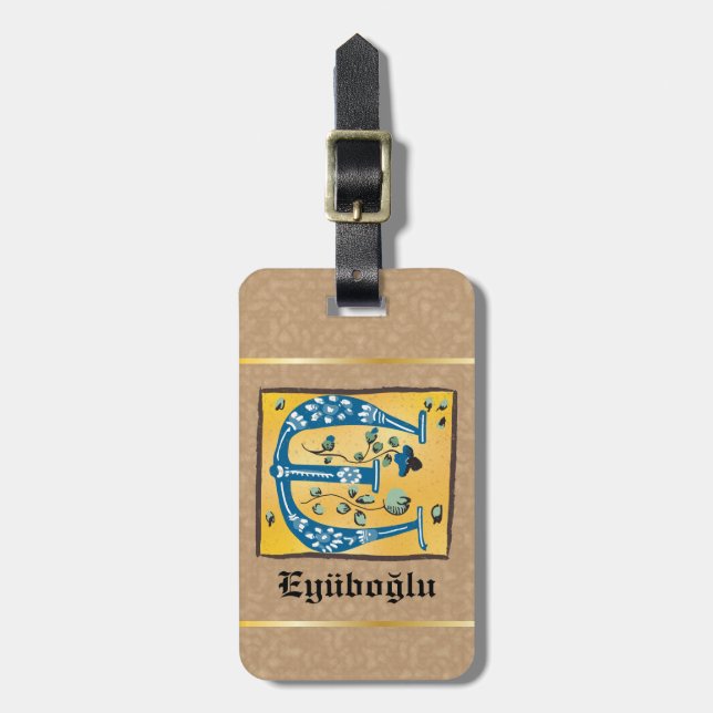 mittelalterlicher blutlichter Letter E Monogramm Gepäckanhänger (Vorderseite vertikal)