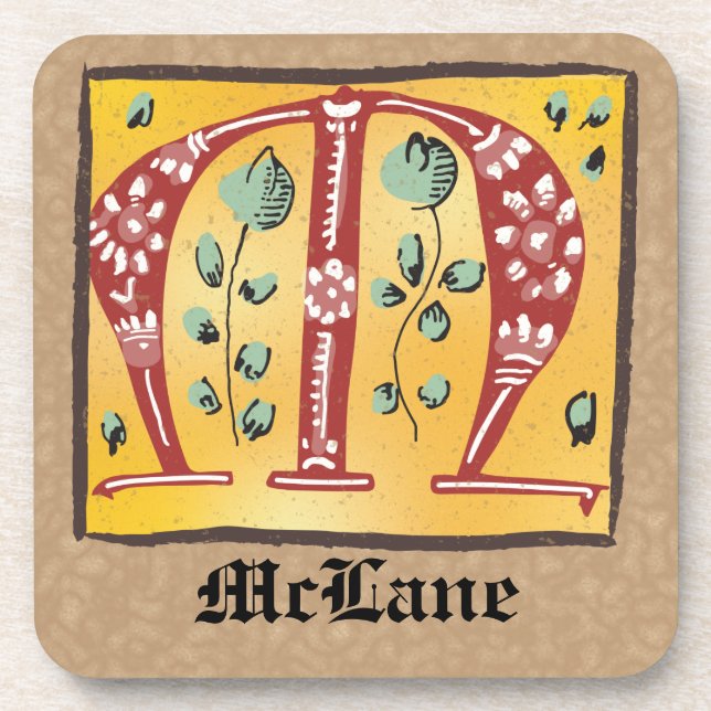 mittelalterlicher blutlichter Letter M Monogramm Getränkeuntersetzer (Vorderseite)
