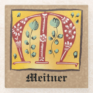 mittelalterlicher blutlichter Letter M Monogramm Glasuntersetzer