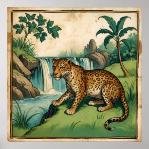 Mittelalterlicher Charmanter Wasserfall Leopard Poster