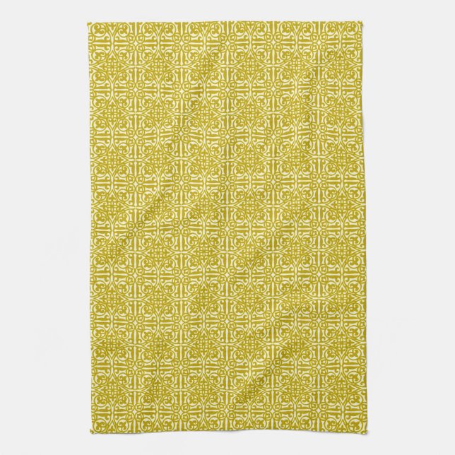 Mittelalterlicher Damast Fleur-de-lis, Senfgold Geschirrtuch (Vertikal)