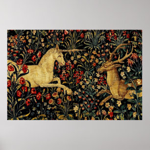 Mittelalterlicher Einhorn-Mitternachts-Blumengarte Poster