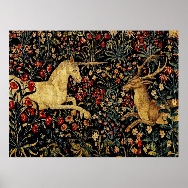 mittelalterlicher Einhorn-Mitternachts-Blumengarte Poster (Vorne)