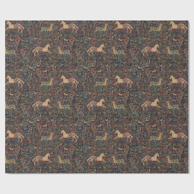 Mittelalterlicher Einhorn- und Hirsch-Mitternachts Geschenkpapier (Flach)