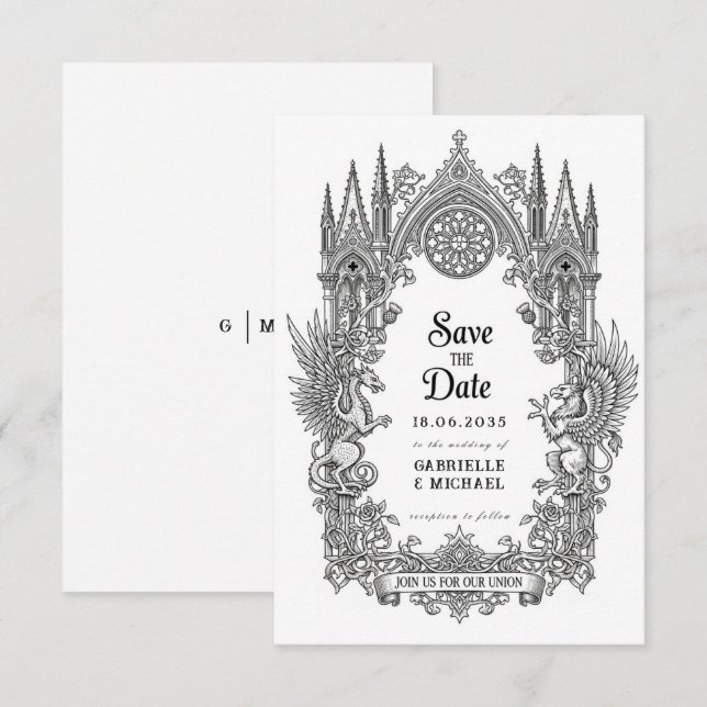 Mittelalterlicher gotischer Drache Greif Schwarz R Save The Date (Vorne/Hinten)
