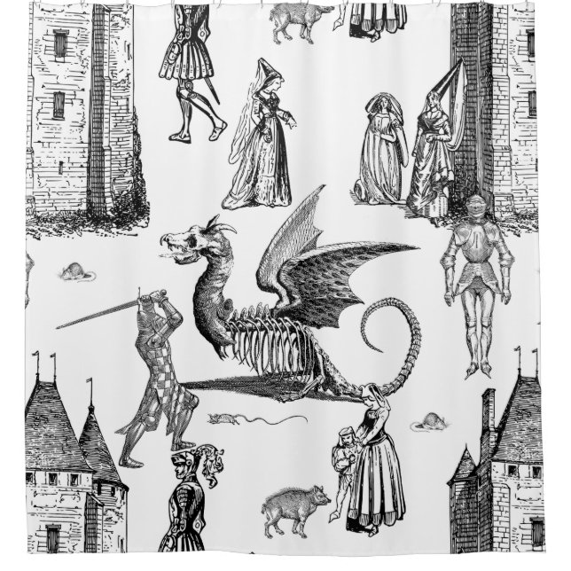 mittelalterlicher gotischer Drachenritter Skelett  Duschvorhang (Vorderseite)