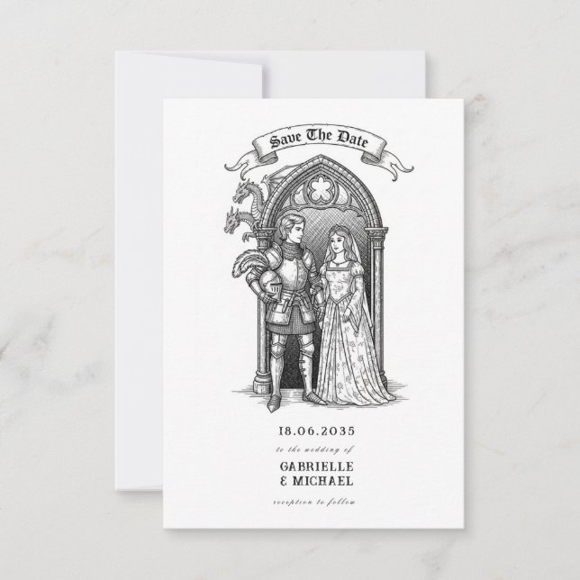 Mittelalterlicher gotischer Ritter Bräutigam Save The Date (Vorderseite)