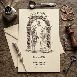 Mittelalterlicher gotischer Ritter Sepia-Hochzeit Save The Date