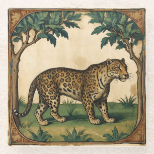 Mittelalterlicher Leopard mit Bäumen Kunst, Kultur Glasuntersetzer