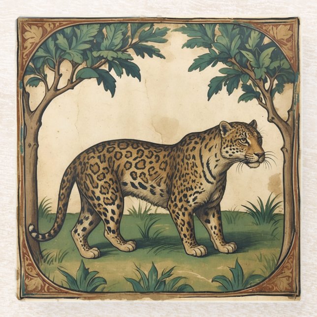 Mittelalterlicher Leopard mit Bäumen Kunst, Kultur Glasuntersetzer (Vorderseite)