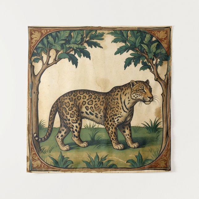Mittelalterlicher Leopard mit Bäumen Kunst, Kultur Wandteppich (Vorderseite)