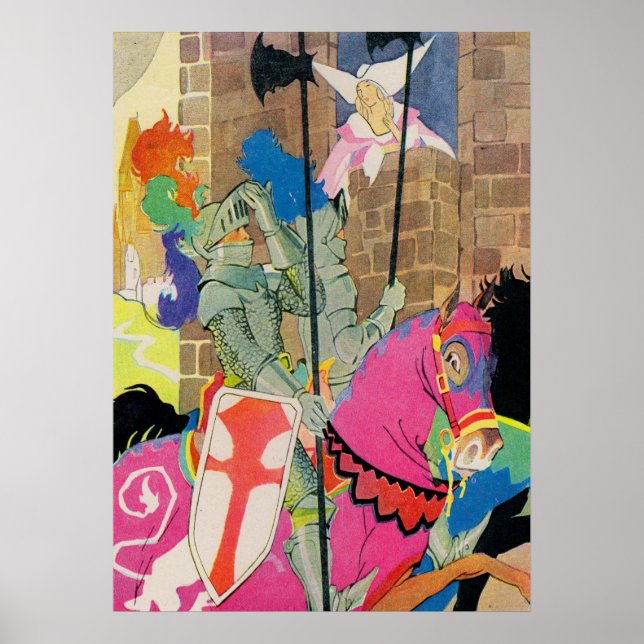 Mittelalterlicher Ritter auf dem Pferd Poster (Vorne)