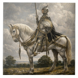 Mittelalterlicher Ritter auf einem Pferd Retro Fan Fliese