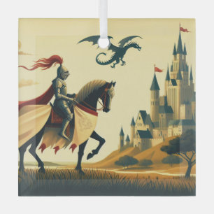 Mittelalterlicher Ritter/Drache/Burgfantsänger Ornament Aus Glas