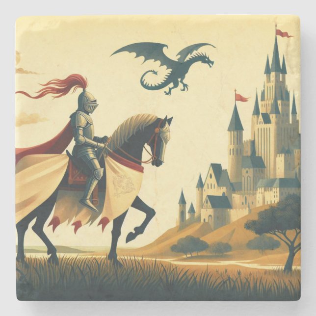 Mittelalterlicher Ritter/Drache/Burgfantsänger Steinuntersetzer (Vorderseite)