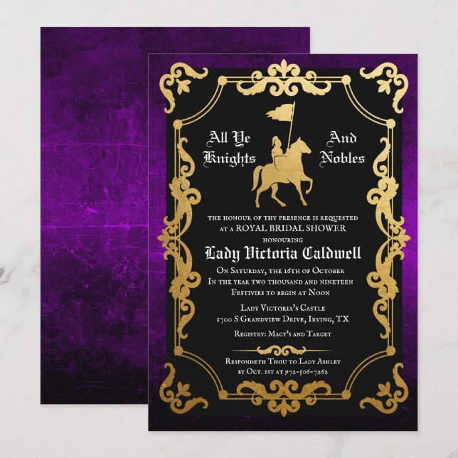 Mittelalterlicher Ritter Jousting Bridal Dusche Ei Einladung (Vorne/Hinten)