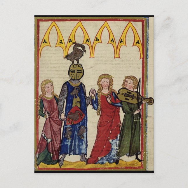 Mittelalterlicher Ritter mit Gans auf seinem Kopf Postkarte (Vorderseite)