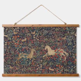 Mittelalterlicher Unicorn Mitternacht Blumengarten Wandteppich Mit Holzrahmen