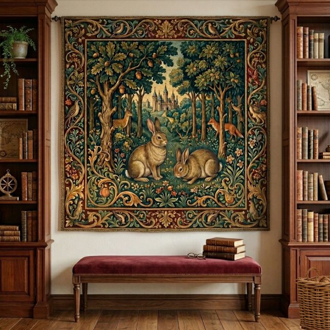 Mittelalterlicher Waldkaninchen-Fee-Märchenstil Wandteppich (Add a magical touch to your home with this medieval-style, vintage-look woodland forest tapestry.)
