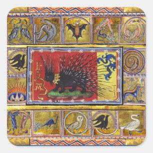 MITTELALTERLICHES BESTIARIUM, SCHWARZER IGELKÖNIG  QUADRATISCHER AUFKLEBER