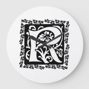 Mittelalterliches Buchstaben-R-Monogramm Schwarz-W Große Wanduhr