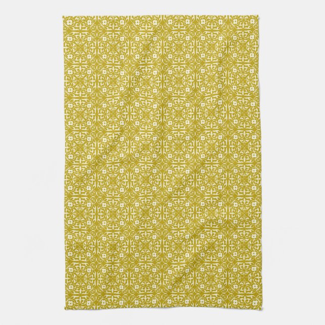Mittelalterliches Damastmuster, Senf-Gold Handtuch (Vertikal)