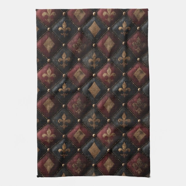 Mittelalterliches getuftetes Fleur-de-Lis-Harlekin Geschirrtuch (Vertikal)