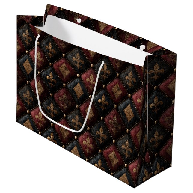 Mittelalterliches getuftetes Fleur-de-Lis-Harlekin Große Geschenktüte (Vorderseite Schrägansicht)