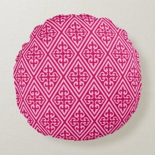 Mittelalterliches Kreuz Damast - Fuchsia Rosa Rundes Kissen