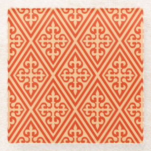 mittelalterliches Kreuz Damast - Korallenorange un Glasuntersetzer