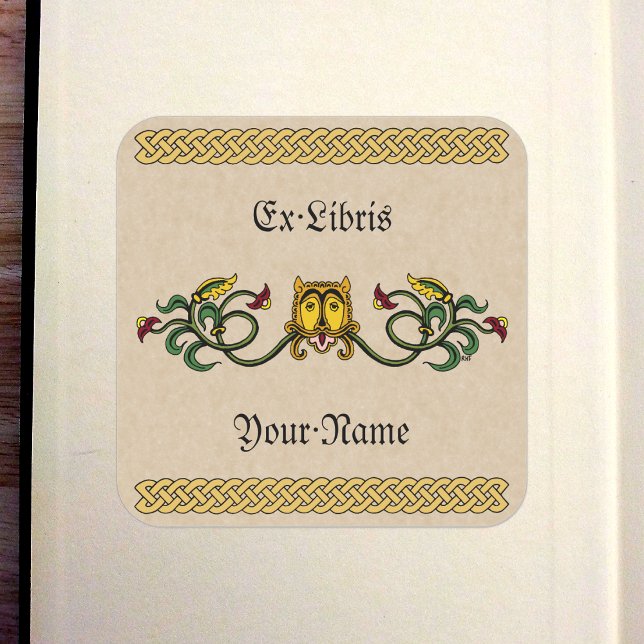 Mittelalterliches Löwendesign-Buchzeichen Quadratischer Aufkleber (Medieval Lion Design Bookplate)