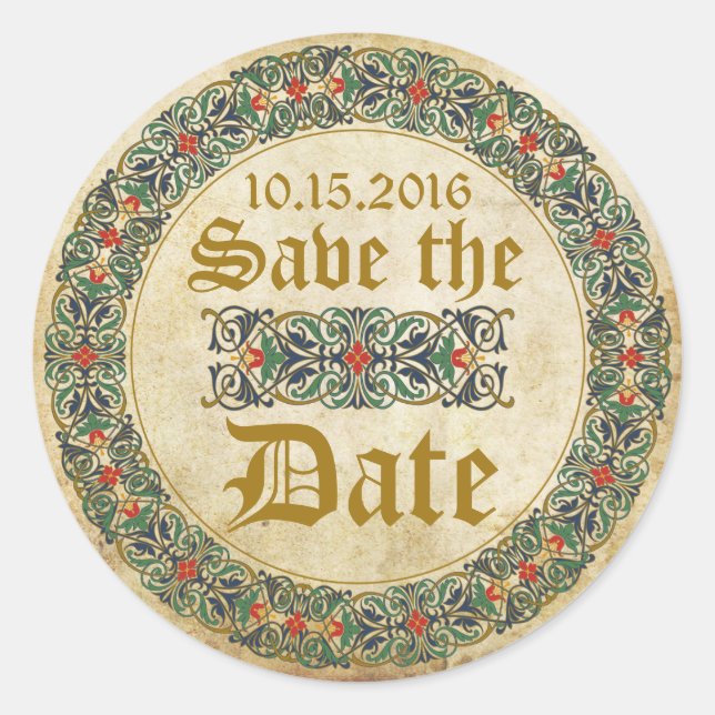 Mittelalterliches Manuskript Save the Date Runder Aufkleber (Vorderseite)