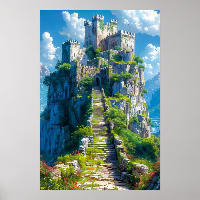 Mittelalterliches Schloss auf dem Hügel Poster (Vorne)