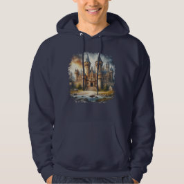 Mittelalterliches Schloss bei Sonnenuntergang mit Hoodie