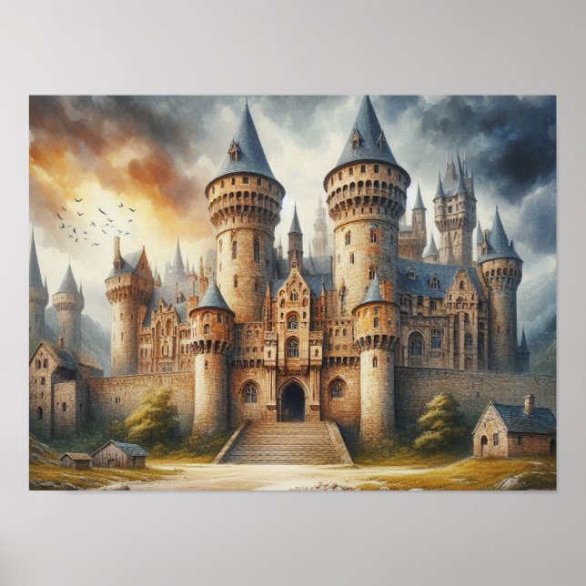 Mittelalterliches Schloss bei Sonnenuntergang mit  Poster (Vorne)